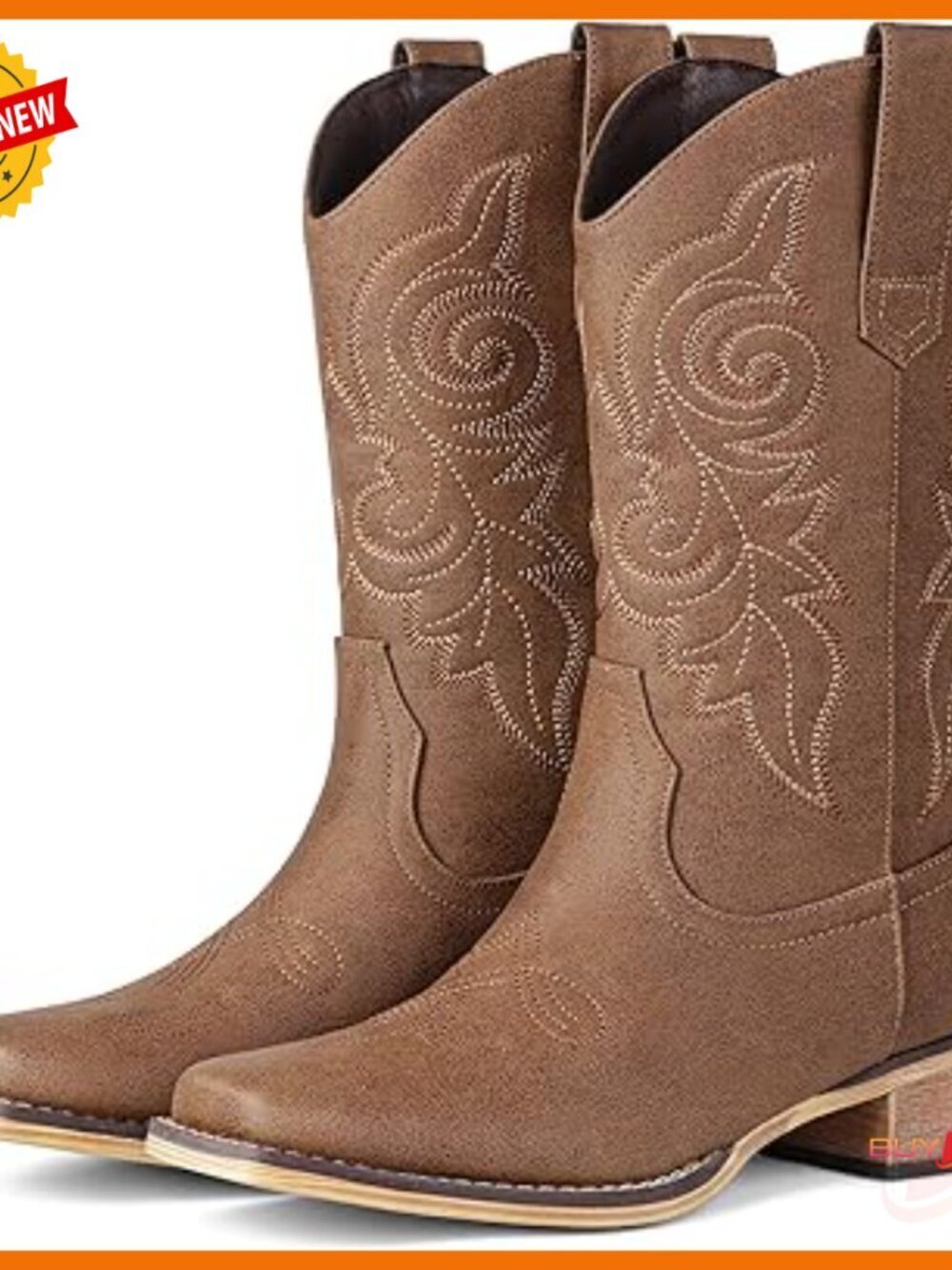 Mid Calf Cowboy Boots Square Toe Low Heel Pull On Embroidery